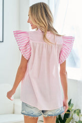 First Love Women's Striped Flutter Sleeve Blouse with Ruffled Neckline